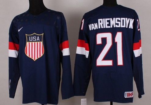 Men's USA #21 James van Riemsdyk Navy Blue 2014 Olympics Hockey Jersey