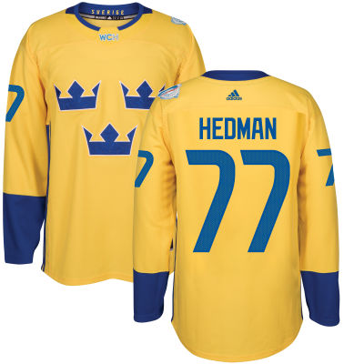 Men's Team Sweden #77 Victor Hedman Adidas Yellow World Cup of Hockey 2016 Premier Player Jersey