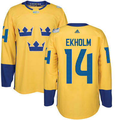 Men's Team Sweden #14 Mattias Ekholm Adidas Yellow World Cup of Hockey 2016 Premier Player Jersey