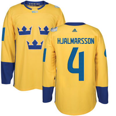 Men's Team Sweden #4 Niklas Hjalmarsson Adidas Yellow World Cup of Hockey 2016 Premier Player Jersey