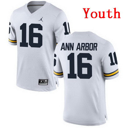 Youth Michigan Wolverines #16 Ann Arbor White Stitched College Football Brand Jordan NCAA Jersey