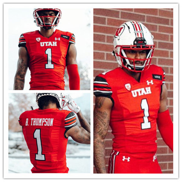 Mens Utah Utes #1 Bryan Thompson Under Armour Red stripe Sleeves Football Game Jersey