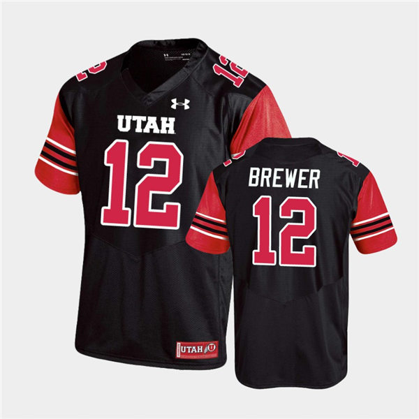 Mens Utah Utes #12 Charlie Brewer Under Armour Black stripe Sleeves Football Game Jersey