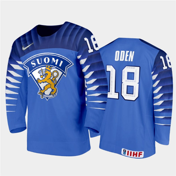 Mens Finland Hockey Team Joonas Oden #18 Stitched 2021 IIHF World Junior Championship Away Blue Jersey