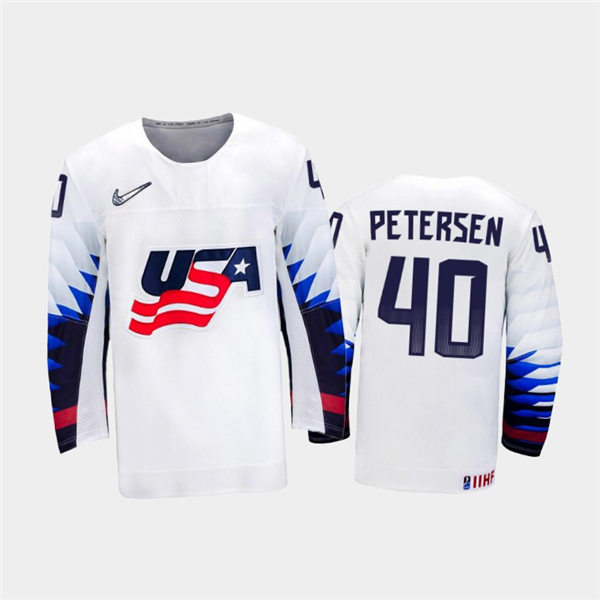 Mens USA Team #40 Cal Petersen Stitched 2021 IIHF World Junior Championship Home White Jersey