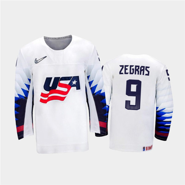 Mens USA Team #9 Trevor Zegras Stitched 2021 IIHF World Junior Championship Home White Jersey