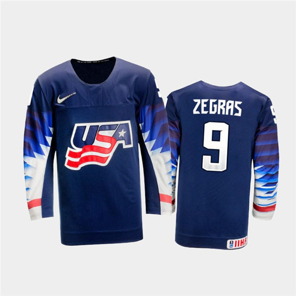 Mens USA Team #9 Trevor Zegras Stitched 2021 IIHF World Junior Championship Away Navy Jersey