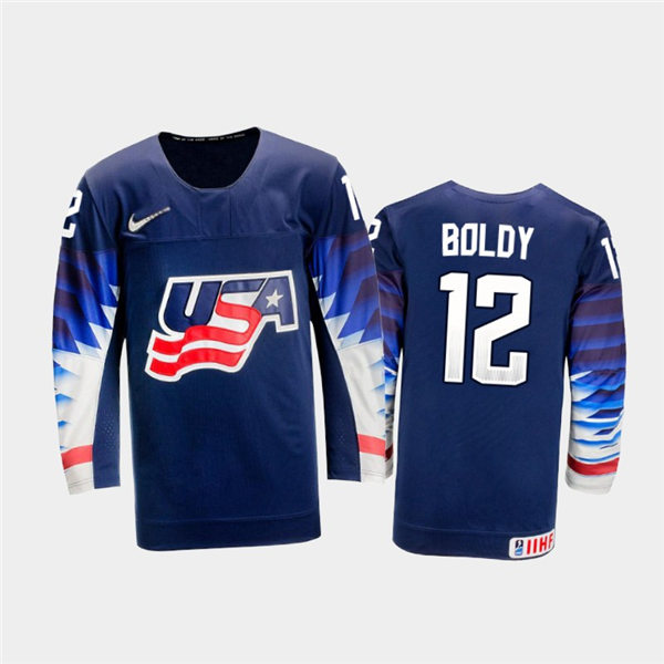 Mens USA Team #12 Matthew Boldy Stitched 2021 IIHF World Junior Championship Away Navy Jersey