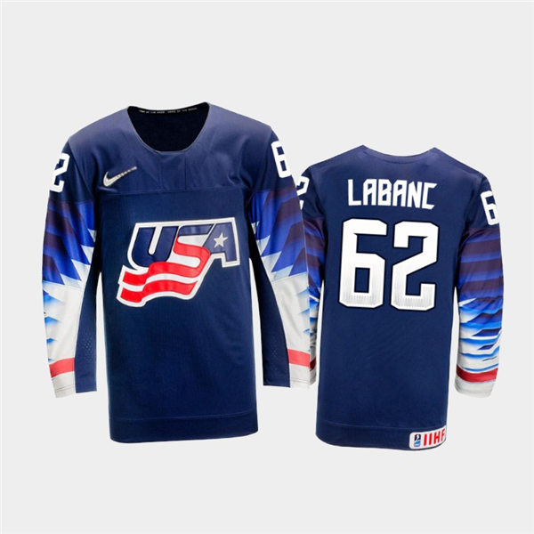 Mens USA Team #62 Kevin Labanc  Stitched 2021 IIHF World Junior Championship Away Navy Jersey