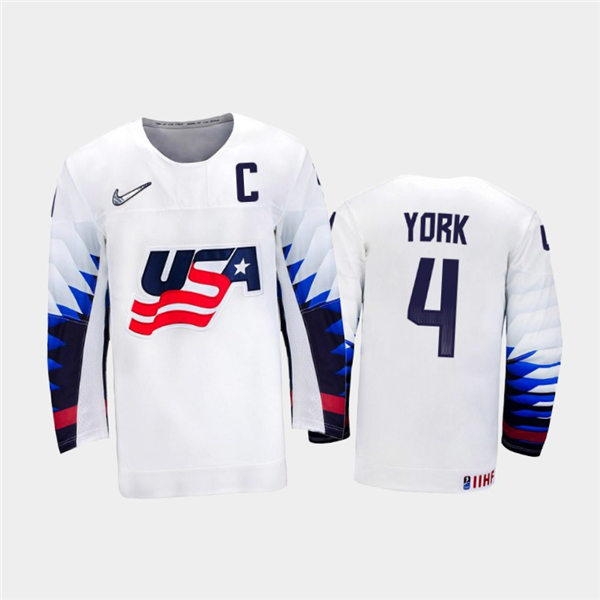 Mens USA Team #4 Cameron York Stitched 2021 IIHF World Junior Championship Home White Jersey