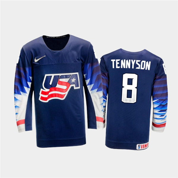 Mens USA Team #8 Matt Tennyson Stitched 2021 IIHF World Junior Championship Away Navy Jersey