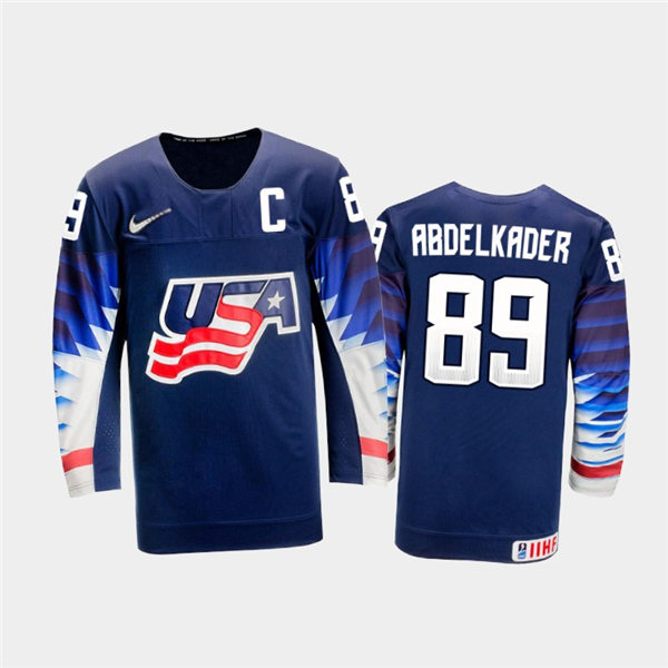 Mens USA Team #89 Justin Abdelkader Stitched 2021 IIHF World Junior Championship Away Navy Jersey