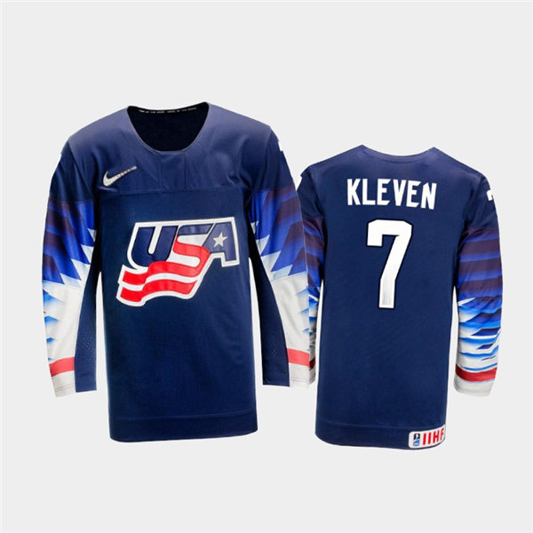 Mens USA Team #7 Tyler Kleven Stitched 2021 IIHF World Junior Championship Away Navy Jersey