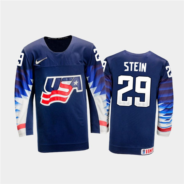 Mens USA Team #29 Logan Stein Stitched 2021 IIHF World Junior Championship Away Navy Jersey