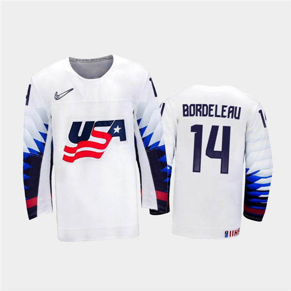 Mens USA Team #14 Thomas Bordeleau Stitched 2021 IIHF World Junior Championship Home White Jersey