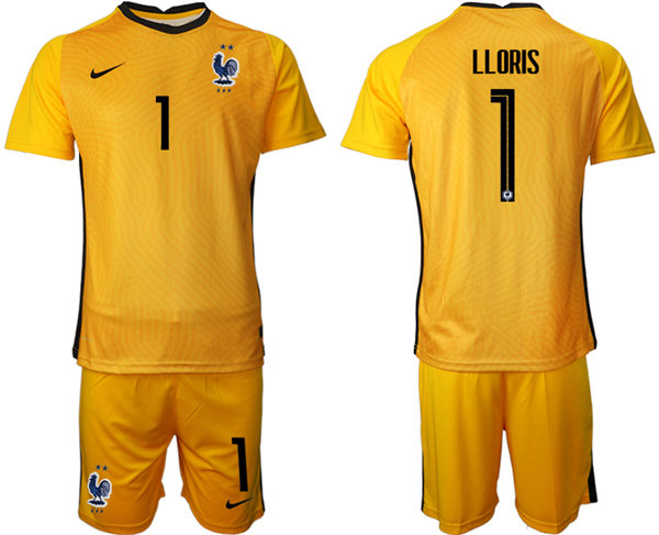 Mens France National Team #1 Hugo Lloris 2020/21 Yellow goalkeeper Soccer Jersey Suit