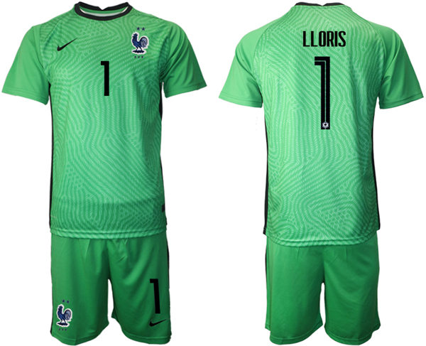 Mens France National Team #1 Hugo Lloris 2021 Green goalkeeper Soccer Jersey Suit