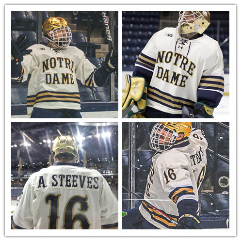 Mens Notre Dame Fighting Irish #16 Alex Steeves 2018 White 50  Seasons Anniversary Under Armour Hockey Jersey