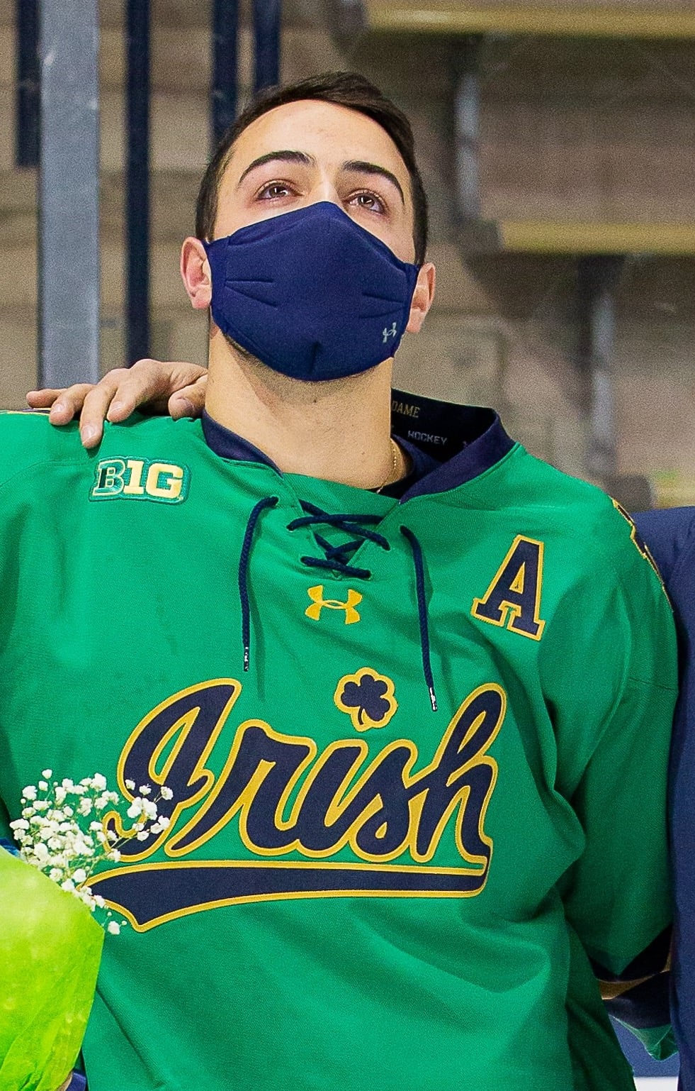 Mens Notre Dame Fighting Irish #5 Matt Hellickson Under Armour 2018 Green Hockey Game Jersey