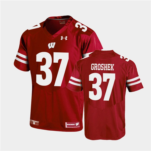 Mens Wisconsin Badgers #37 Garrett Groshek Red Stitched Under Armour College Football Jersey