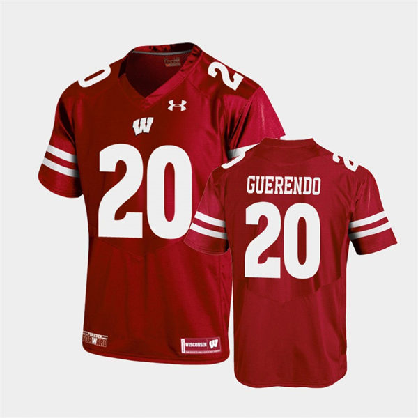 Mens Wisconsin Badgers #20 Isaac Guerendo Red Stitched Under Armour College Football Jersey 