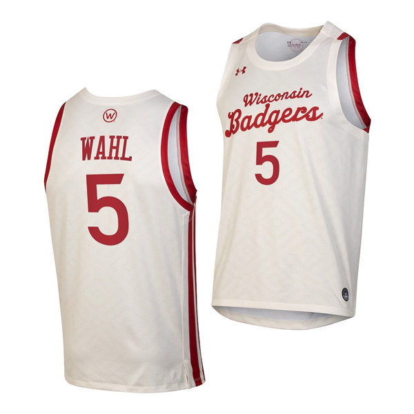 Mens Wisconsin Badgers #5 Tyler Wahl Under Armour White Retro College Basketball Jersey