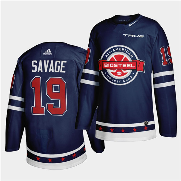 Mens BioSteel All-American Hockey #19 Red Savage Adidas 2021 Navy Game Jersey