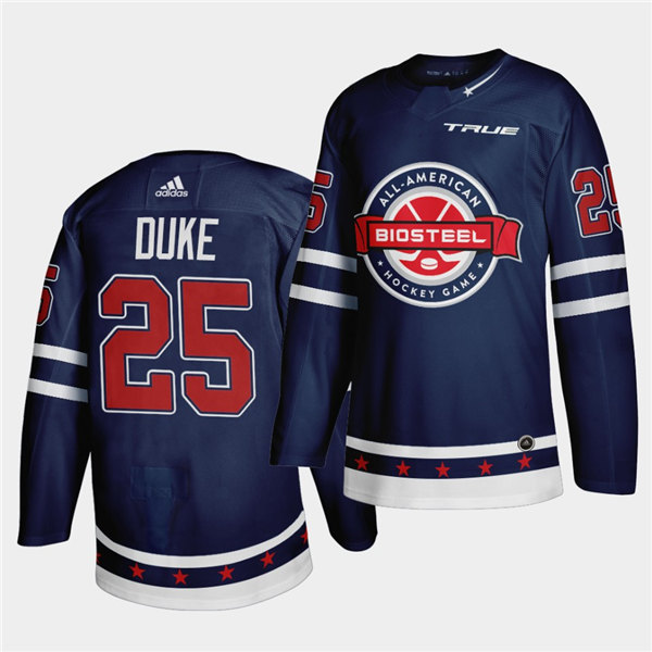 Mens BioSteel All-American Hockey #25 Dylan Duke Adidas 2021 Navy Game Jersey