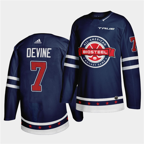 Mens BioSteel All-American Hockey #7 Jack Devine Adidas 2021 Navy Game Jersey