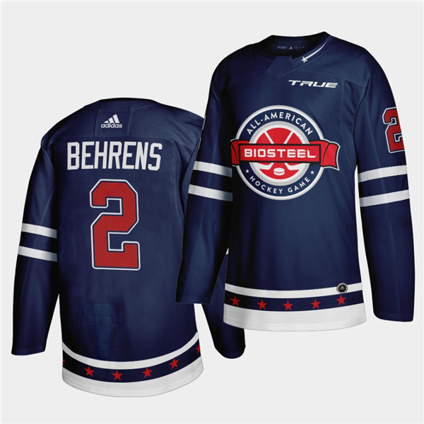 Mens BioSteel All-American Hockey #2 Sean Behrens Adidas 2021 Navy Game Jersey
