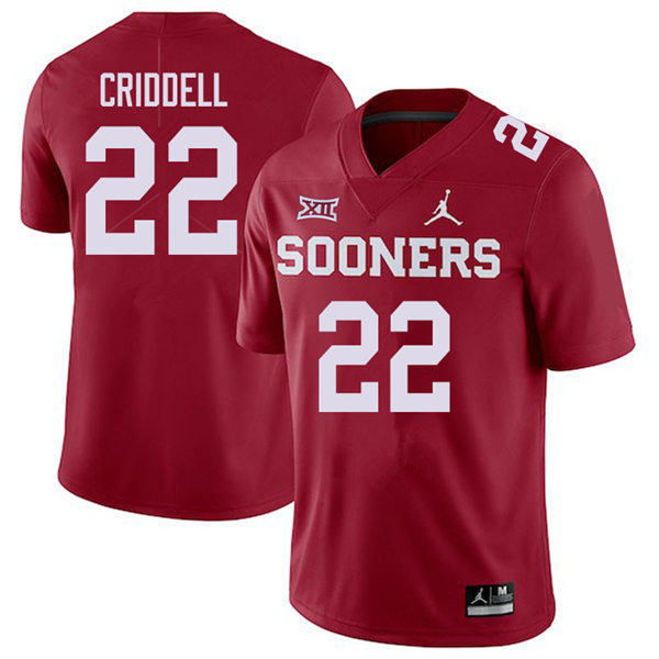 Mens Oklahoma Sooners #22 Jeremiah Criddell Crimson Jordan College Football Game Jersey