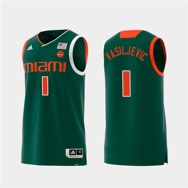 Mens Miami Hurricanes #1 Dejan Vasiljevic Adidas 2019 Green College Basketball Jersey