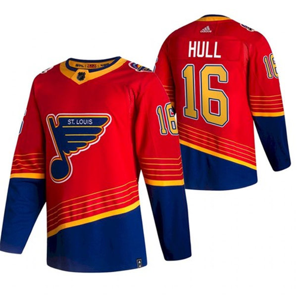 Mens St. Louis Blues Retired Player #16 Brett Hull adidas 2021 Red Blue Reverse Retro Jersey