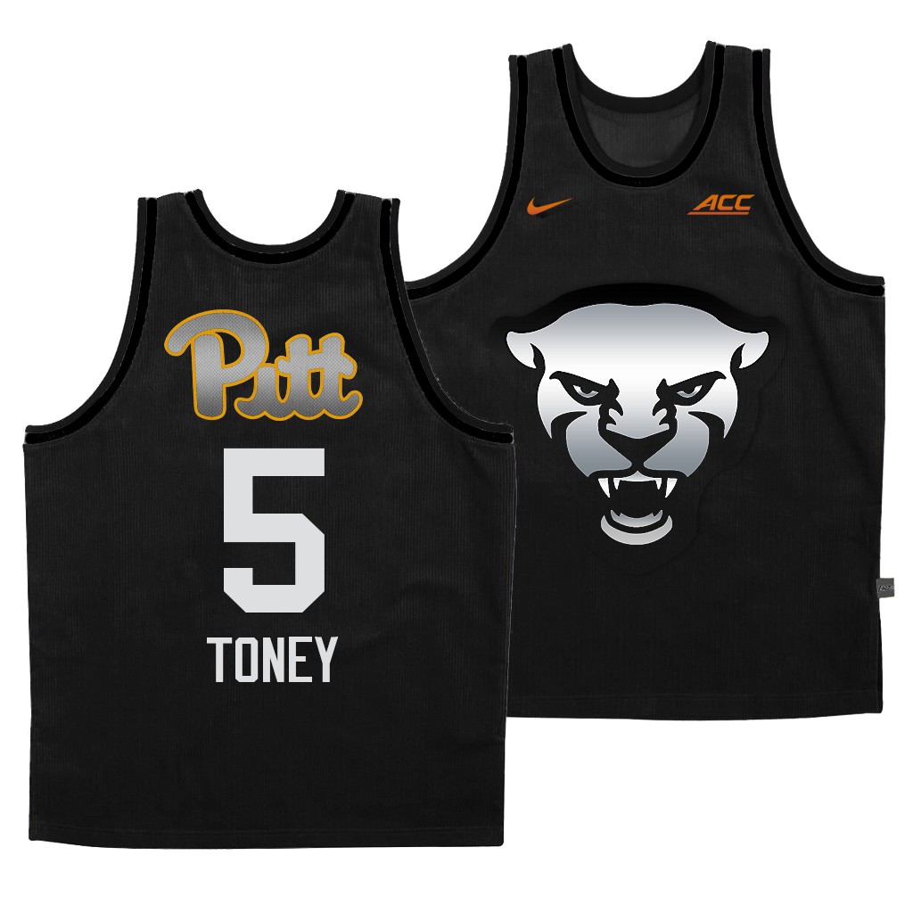 Mens Pittsburgh Panthers #5 Au'Diese Toney Nike 2021 Black Gray Steel City Panther Face College Basketball Game Jersey