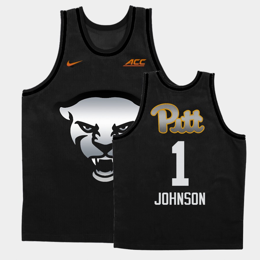 Mens Pittsburgh Panthers #1 Xavier Johnson Nike 2021 Black Gray Steel City Panther Face College Basketball Game Jersey