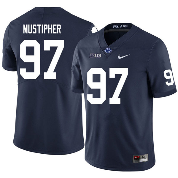 Mens Penn State Nittany Lions #97 PJ Mustipher Nike Navy with Name College Football Jersey