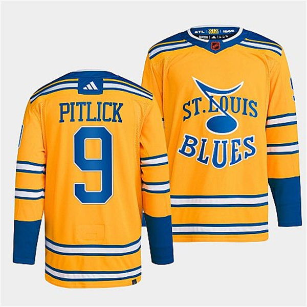 Mens St. Louis Blues #9 Tyler Pitlick Yellow 2022 Reverse Retro Primegreen Jersey