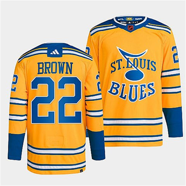 Mens St. Louis Blues #22 Logan Brown Yellow 2022 Reverse Retro Primegreen Jersey