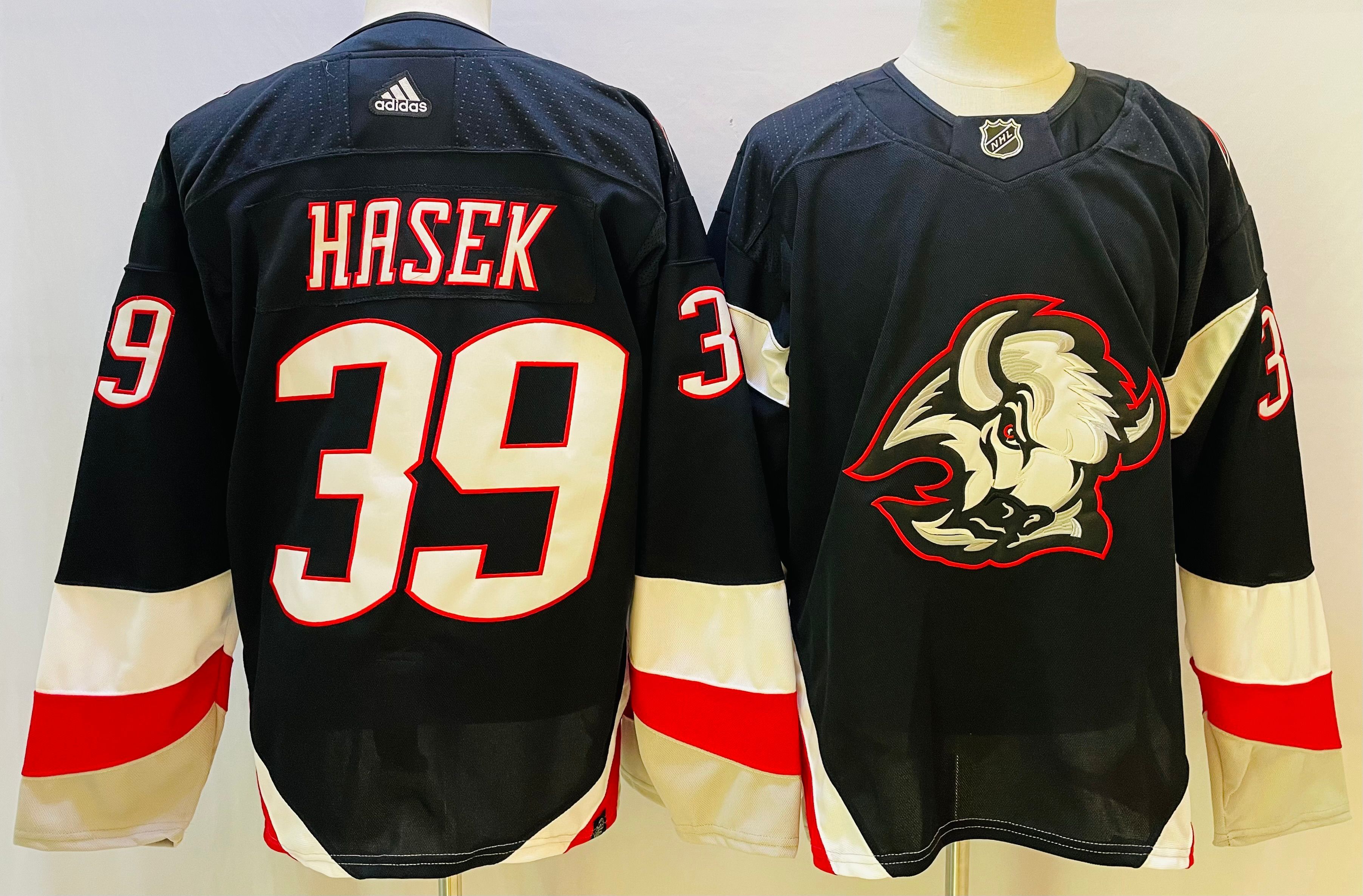 Men's Buffalo Sabres Retired Player #39 Dominik Hasek Black alternate 2022-23 Goathead Jersey