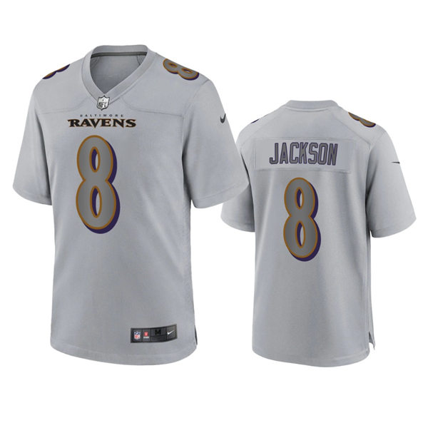 Mens Baltimore Ravens #8 Lamar Jackson Gray Atmosphere Fashion Game Jersey