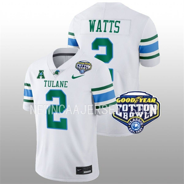 Mens Youth Tulane Green Wave #2 Duece Watts College Football 2022 Cotton Bowl Game Jersey White