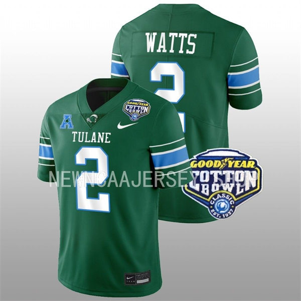 Mens Youth Tulane Green Wave #2 Duece Watts Green College Football 2022 Cotton Bowl Game Jersey