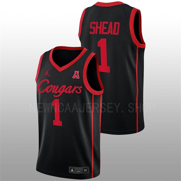 Mens Youth Houston Cougars #1 Jamal Shead Black Cougars College Basketball Game Jersey