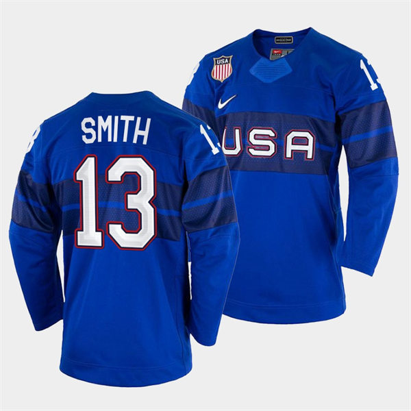 Men's USA Hockey #13 Nathan Smith 2022 Winter Olympics Royal Jersey