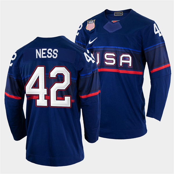 Men's USA Hockey #42 Aaron Ness Nike Navy 2022 Winter Olympics Jersey