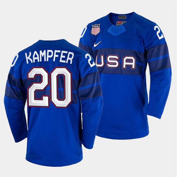 Men's USA Hockey #20 Steven Kampfer 2022 Winter Olympics Royal Jersey