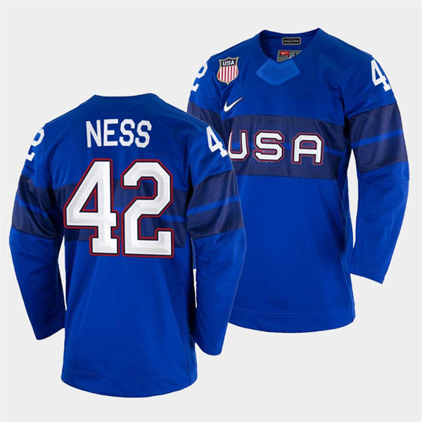 Men's USA Hockey #42 Aaron Ness 2022 Winter Olympics Royal Jersey