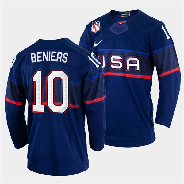 Men's USA Hockey #10 Matty Beniers 2022 Winter Olympics Blue Jersey