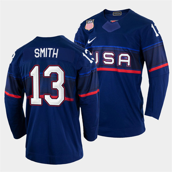 Men's USA Hockey #13 Nathan Smith 2022 Winter Olympics Blue Jersey