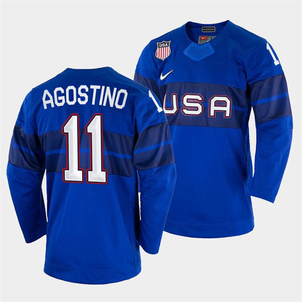 Men's USA Hockey #11 Kenny Agostino 2022 Winter Olympics Royal Jersey